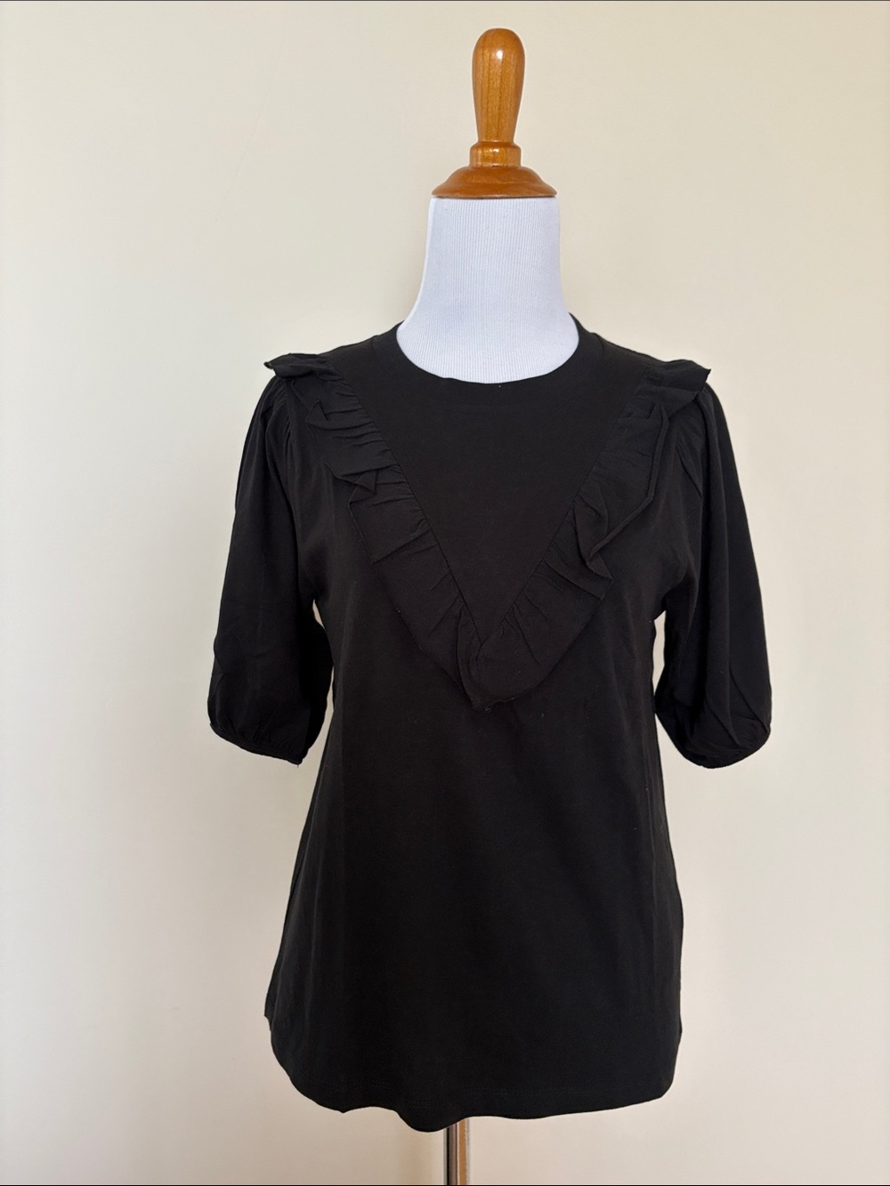 J. Crew Cotton Black Ruffle V-Paneled Puff Sleeve Tee